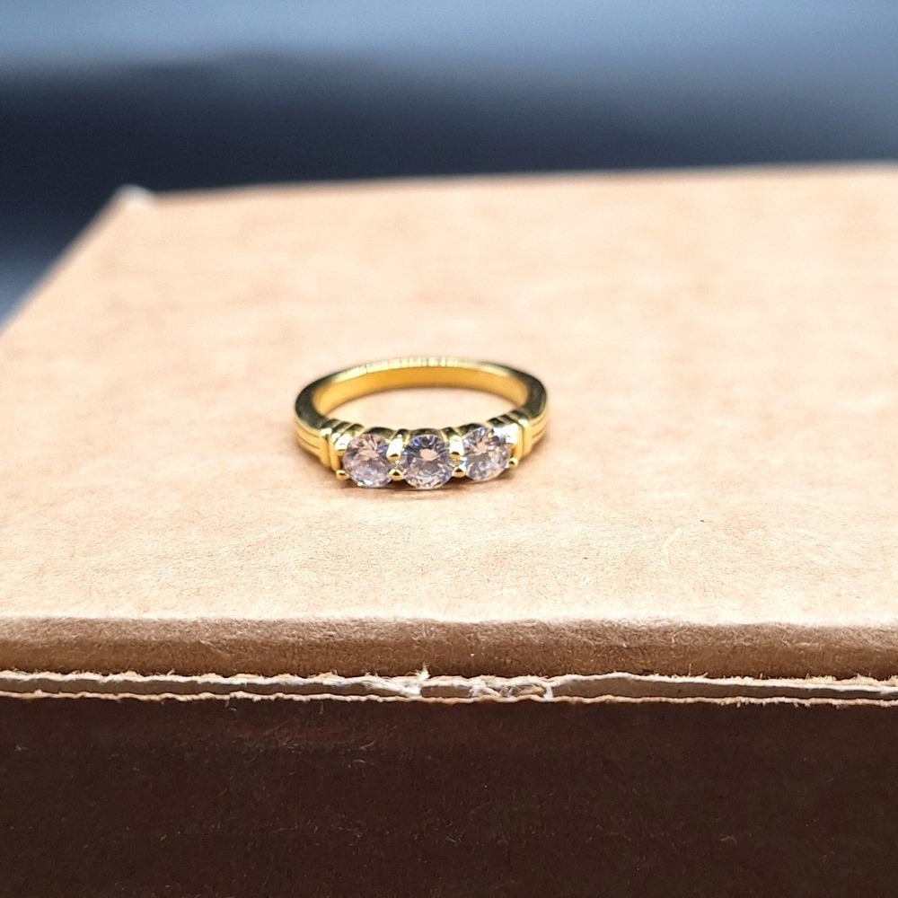 Gold Tone Three Stone Cubic Zirconia Anniversary Ring Size 7.5 Clear Stones